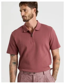 Basque Zip Neck Self Stripe Polo in Rust