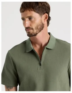 Basque Zip Neck Self Stripe Polo in Olive