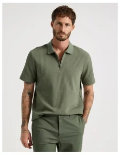 Basque Zip Neck Self Stripe Polo in Olive