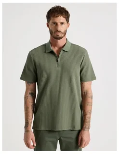 Basque Zip Neck Self Stripe Polo in Olive