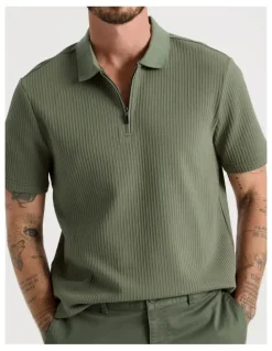 Basque Zip Neck Self Stripe Polo in Olive