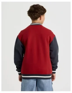 Bauhaus Fleece College Bomber Jacket in Navy and Burgundy