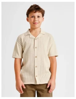 Bauhaus Knit Pointelle Resort Shirt in Beige