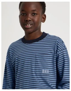 Bauhaus Long Sleeve Stripe Pocket Tee in Blue