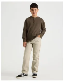 Bauhaus Long Sleeve Waffle Henley Tee in Brown