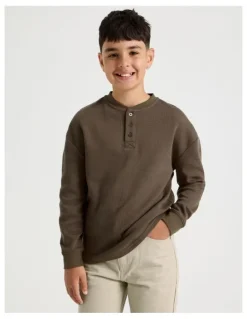 Bauhaus Long Sleeve Waffle Henley Tee in Brown