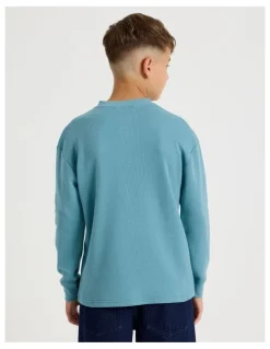Bauhaus Long Sleeve Waffle Henley Tee in Blue