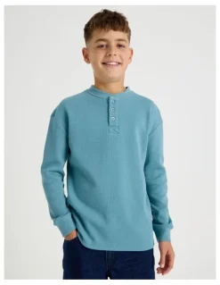 Bauhaus Long Sleeve Waffle Henley Tee in Blue
