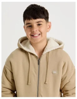 Bauhaus Sherpa Lined Hooded Zip Thru Sweat Top in Tan