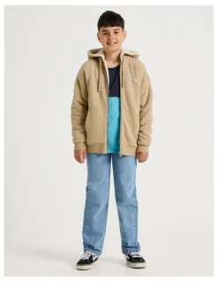 Bauhaus Sherpa Lined Hooded Zip Thru Sweat Top in Tan