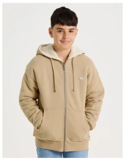 Bauhaus Sherpa Lined Hooded Zip Thru Sweat Top in Tan