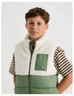 Bauhaus Spliced Sherpa Vest in Ecru and Khaki