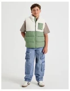 Bauhaus Spliced Sherpa Vest in Ecru and Khaki