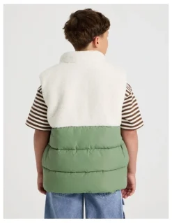 Bauhaus Spliced Sherpa Vest in Ecru and Khaki