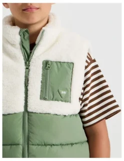 Bauhaus Spliced Sherpa Vest in Ecru and Khaki