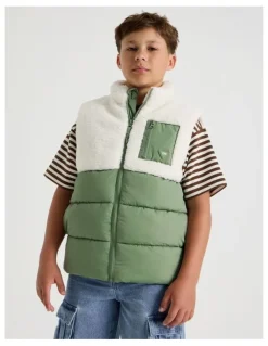 Bauhaus Spliced Sherpa Vest in Ecru and Khaki