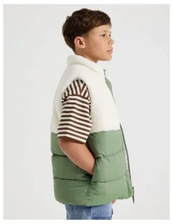 Bauhaus Spliced Sherpa Vest in Ecru and Khaki