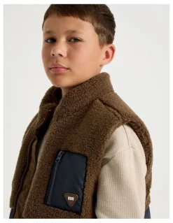 Bauhaus Spliced Sherpa Vest in Brown and Navy