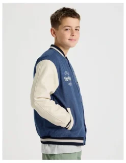 Bauhaus Varsity Bomber Jacket in Ecru and Mid Denim