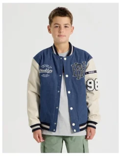 Bauhaus Varsity Bomber Jacket in Ecru and Mid Denim