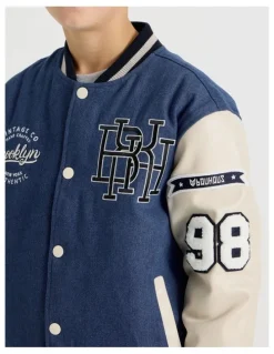 Bauhaus Varsity Bomber Jacket in Ecru and Mid Denim