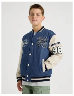 Bauhaus Varsity Bomber Jacket in Ecru and Mid Denim