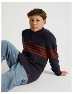 Bauhaus 1/4 Zip Knit with Stripe in Navy