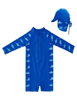 Big Softies Long Sleeve Rashie with Swim Hat-Shark in Navy