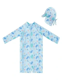 Big Softies Long Sleeve Rashie with Swim Hat-Whale in Light Blue