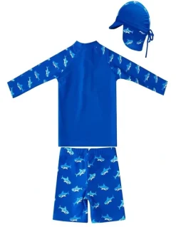 Big Softies Long Sleeve Rashie with Short & Hat-Shark in Blue