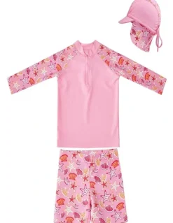 Big Softies Long Sleeve Rashie with Short and Hat-Starfish in Pink