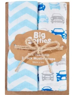 Big Softies Pre-washed Muslin Wraps 2 Pack in Blue
