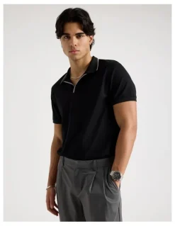 Blaq Contrast Tipping Open Collar Short Sleeve Polo in Black