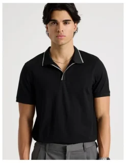 Blaq Contrast Tipping Open Collar Short Sleeve Polo in Black