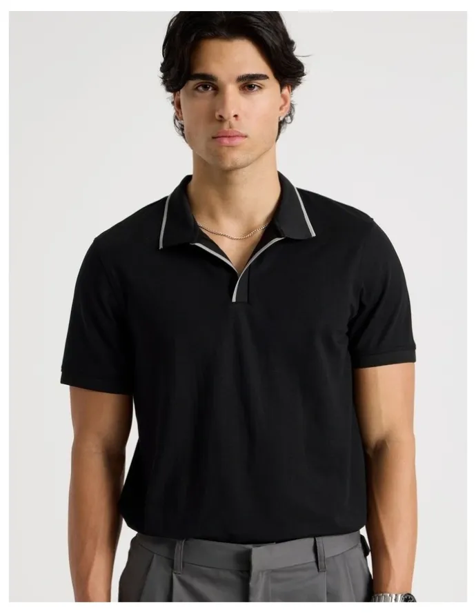 Blaq Contrast Tipping Open Collar Short Sleeve Polo in Black