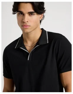 Blaq Contrast Tipping Open Collar Short Sleeve Polo in Black