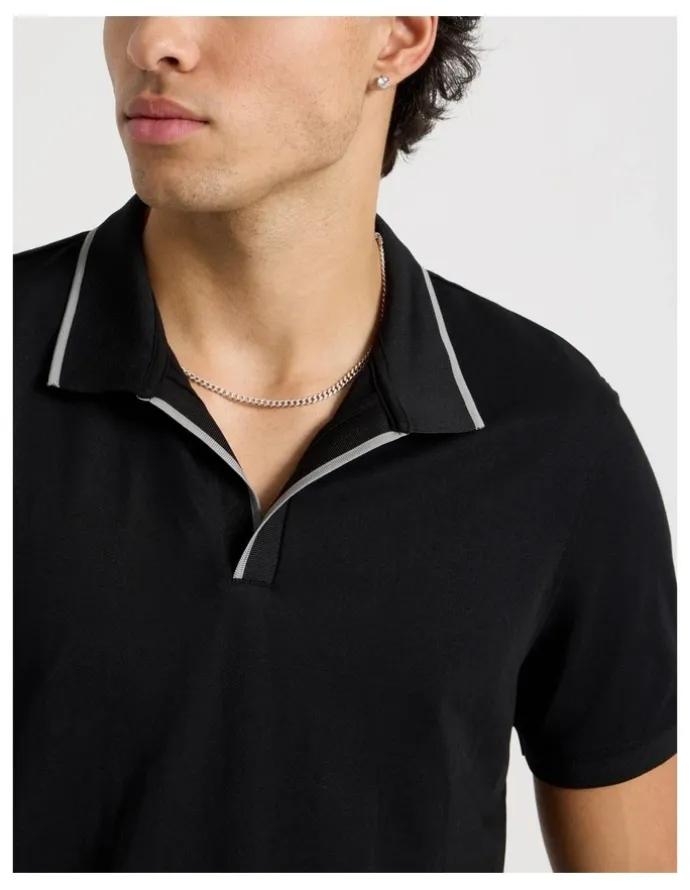 Blaq Contrast Tipping Open Collar Short Sleeve Polo in Black