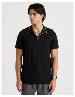 Blaq Contrast Tipping Open Collar Short Sleeve Polo in Black