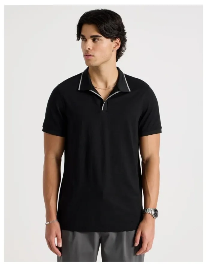 Blaq Contrast Tipping Open Collar Short Sleeve Polo in Black