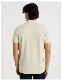 Blaq Contrast Tipping Open Collar Short Sleeve Polo in Sand