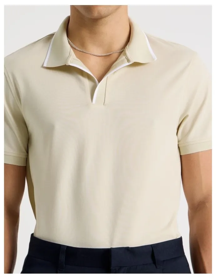 Blaq Contrast Tipping Open Collar Short Sleeve Polo in Sand