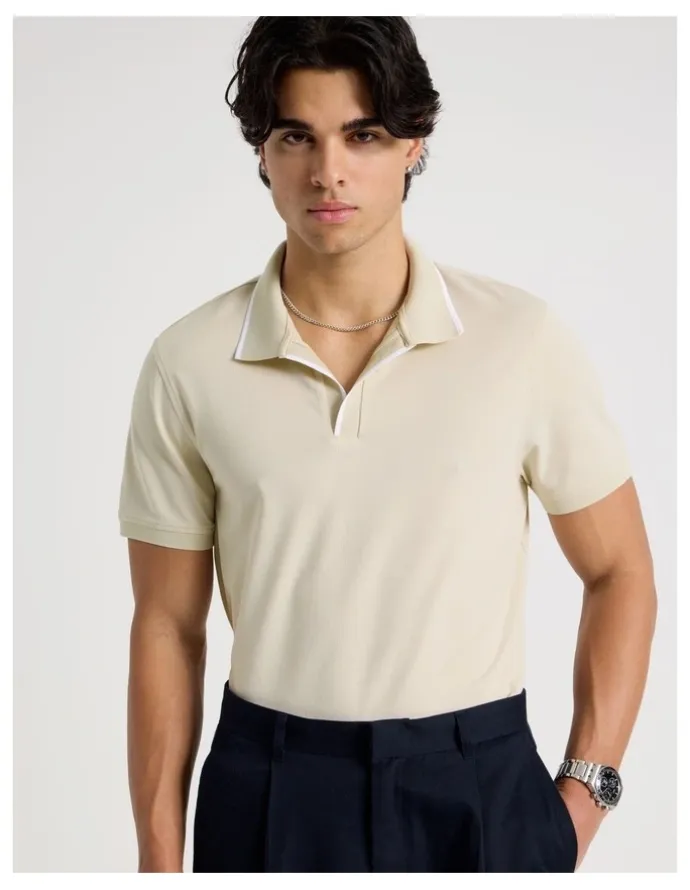 Blaq Contrast Tipping Open Collar Short Sleeve Polo in Sand