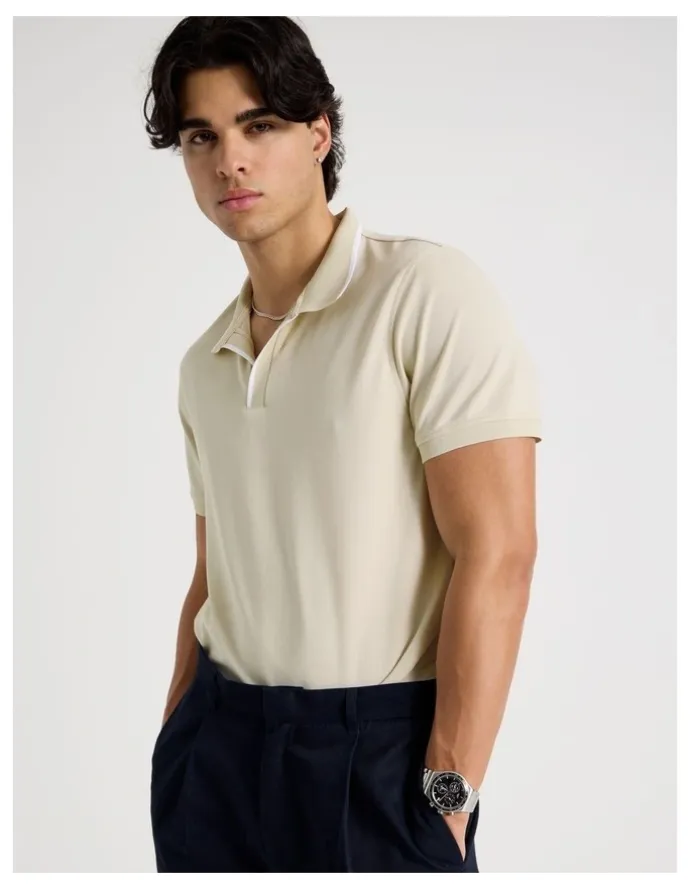 Blaq Contrast Tipping Open Collar Short Sleeve Polo in Sand
