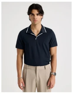 Blaq Contrast Tipping Open Collar Short Sleeve Polo in Navy