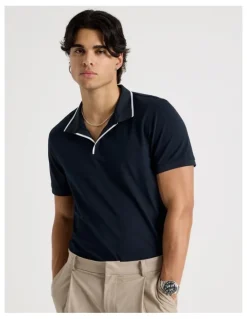 Blaq Contrast Tipping Open Collar Short Sleeve Polo in Navy