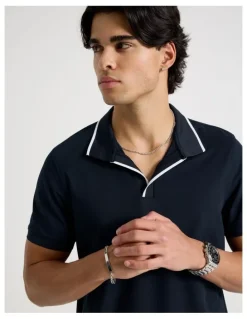 Blaq Contrast Tipping Open Collar Short Sleeve Polo in Navy