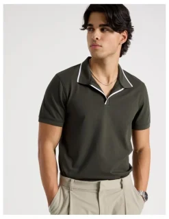 Blaq Contrast Tipping Open Collar Short Sleeve Polo in Khaki