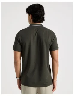 Blaq Contrast Tipping Open Collar Short Sleeve Polo in Khaki