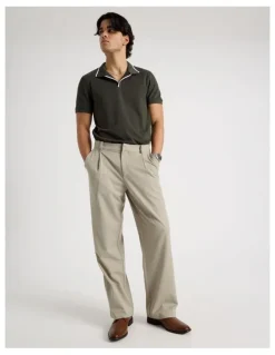 Blaq Contrast Tipping Open Collar Short Sleeve Polo in Khaki