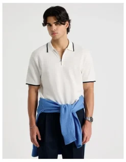 Blaq Cotton Silk Blend Zip Short Sleeve Polo in Ecru